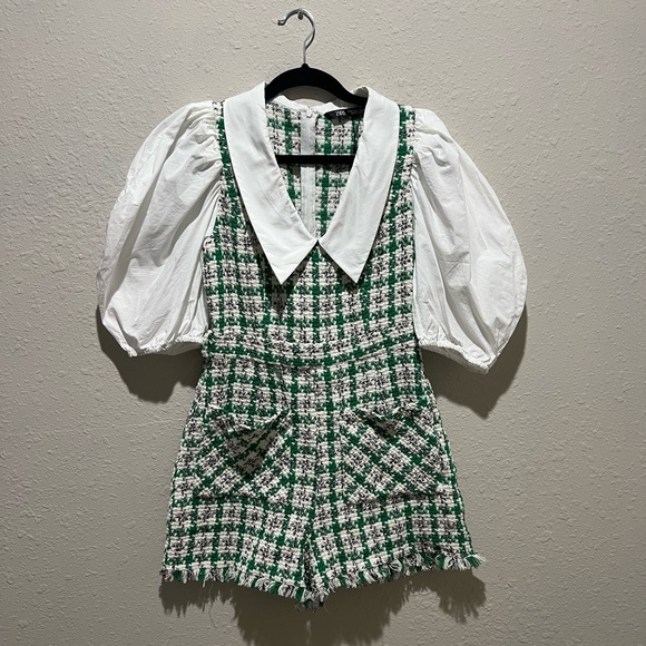 Zara Blogger Favorite Green/White Cotton Tweed Romper Size Medium M - Picture 3 of 10